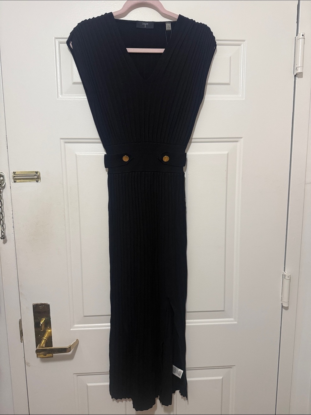 Tahari Black Sleeveless Ribbed V-Neck Maxi Dress with Gold Buttons